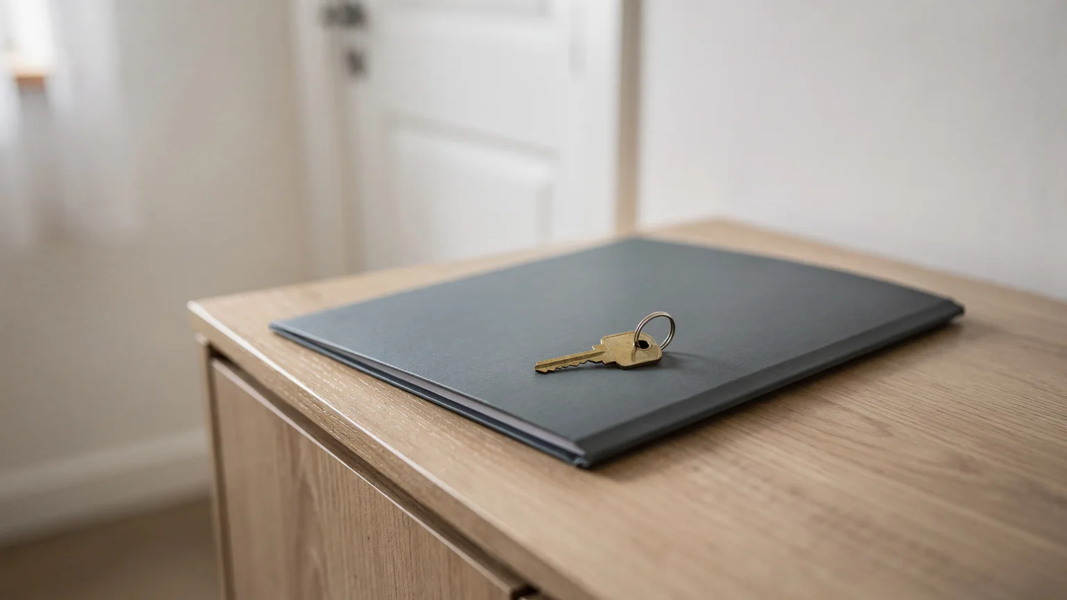 Wohnungsschlüssel auf einer grauen Dokumentenmappe auf einem Sideboard im Flur einer Wohnung